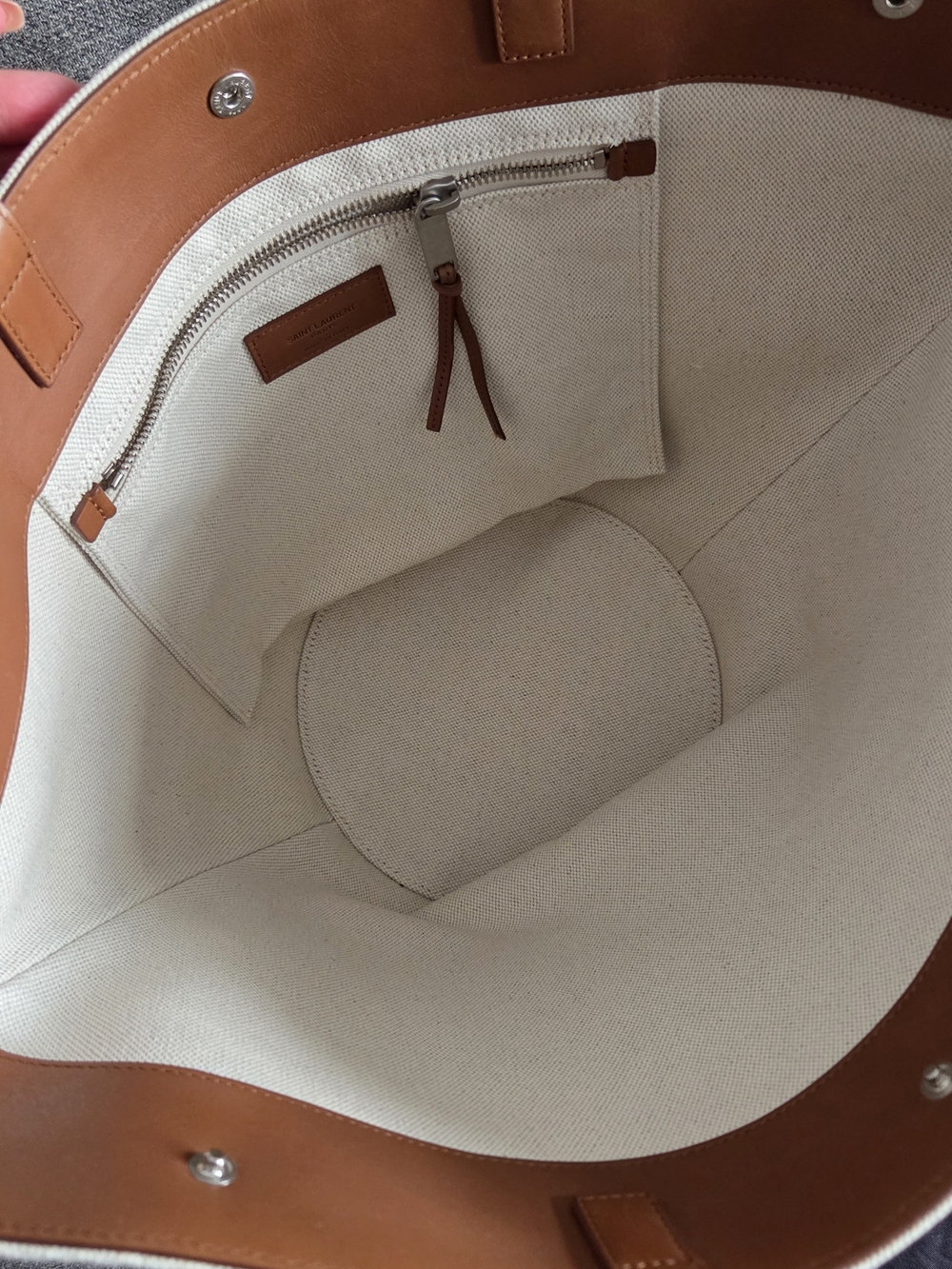 Saint Laurent Rive Gauche White Canvas Tote with Brown Leather Handles - Picture 3 of 14